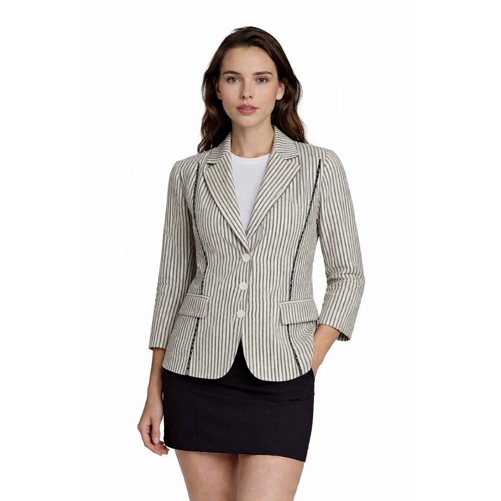 Ann Taylor LOFT Blazer Women's Size‎ 8 White Black Striped Cotton Jacket